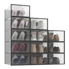 Load image into Gallery viewer, 12 Pack Shoe Storage Box, Clear Plastic Stackable Shoe Organizer for Closet, Space Saving X-Large Foldable Shoe Sneaker Containers Bins Holders Fit up to Size 14 (Black)
